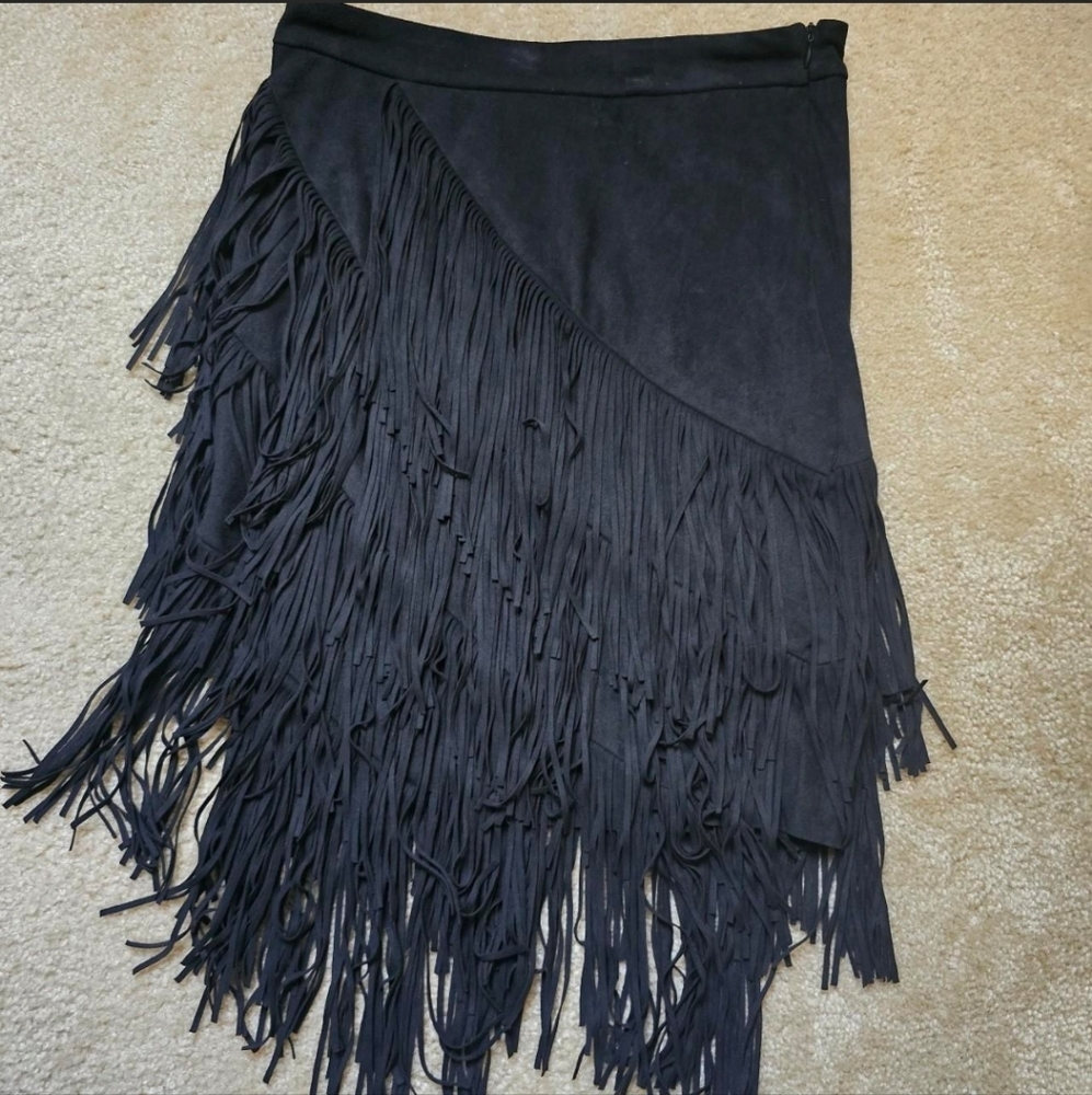 Zara Basic Faux Suede Black Fringe Skirt Sz S